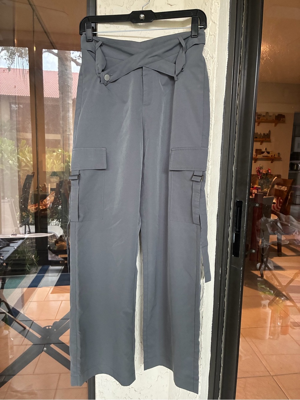 ✨ Y2K SHEIN Grey Cross-Wrap Asymmetric Waist Wide Leg Cargo Pants Small - Picture 1 of 9